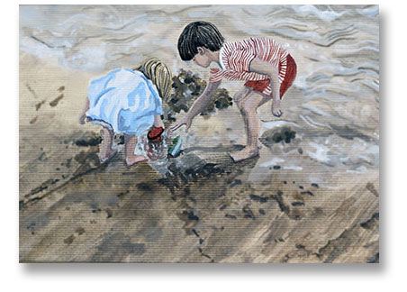 children playing a beach - Painting by Jill Fellows